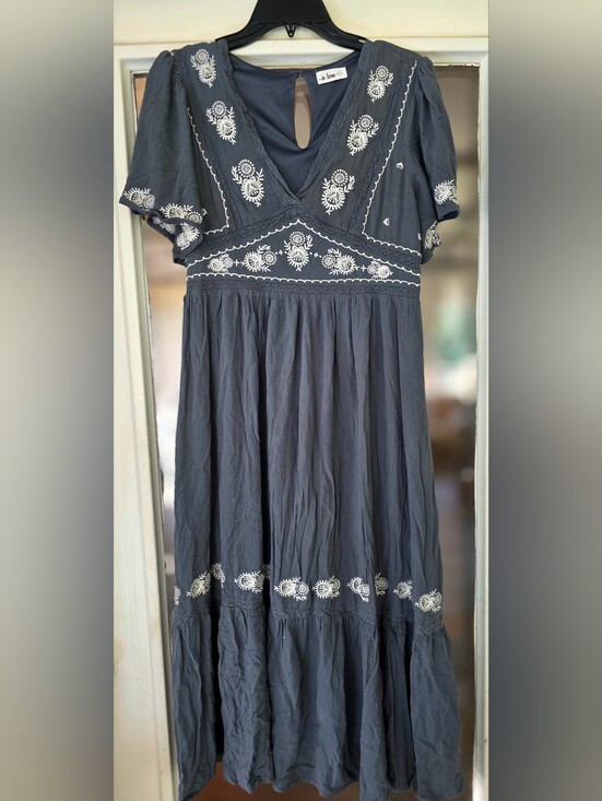 in loom Dresses & Skirts - In Loom Smokey Blue Boho Dress Floral Embroidery Flowy Sz Large Maxi